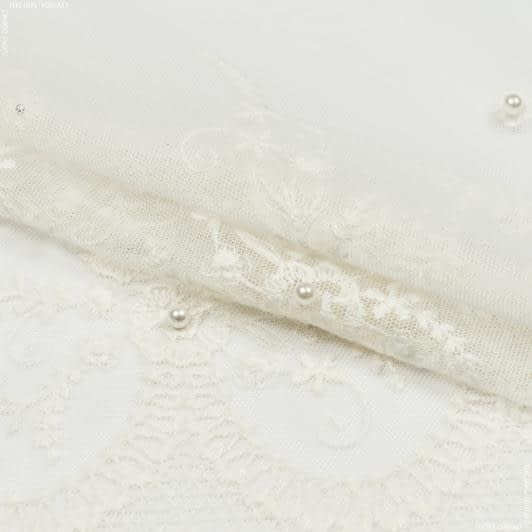 Ткани для декора - Тюль вышивка Жемчужинка цветочки молочный (купон)