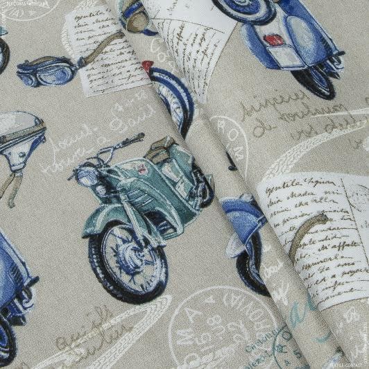 Тканини для римських штор - Декоративна тканина лонета Веспа мотоцикли синій, червоний