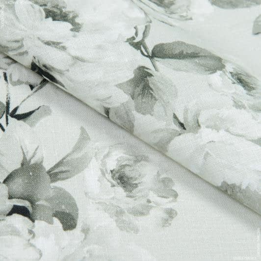 Ткани для кепок и панам - Лен костюмный принт розы оливковй/серый