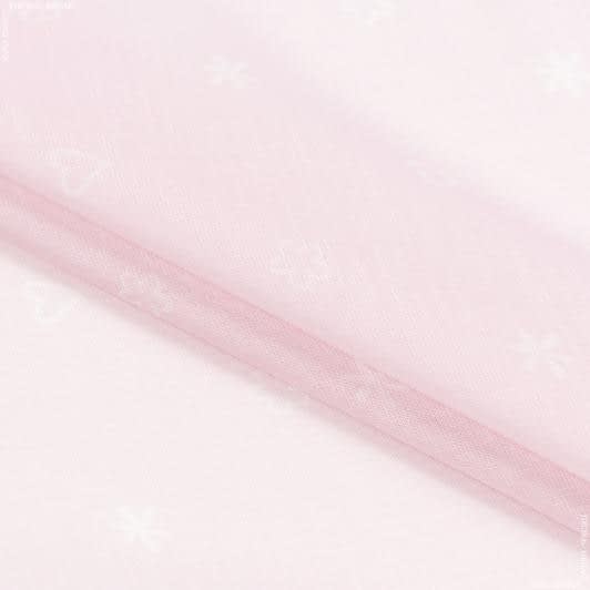 Ткани для декора - Тюль Астер цветы сердечки фон розовый с утяжелителем