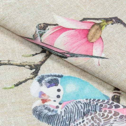 Ткани для римских штор - Декоративная ткань лонета Магнолия, попугаи фон беж