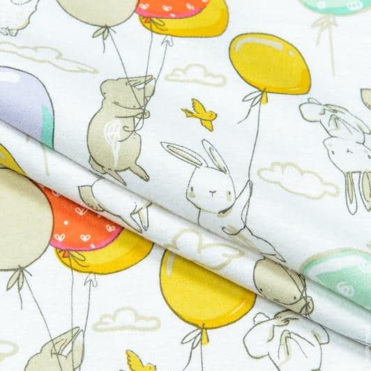 Ткани для сорочек и пижам - Фланель белоземельная детская кролики на шарах