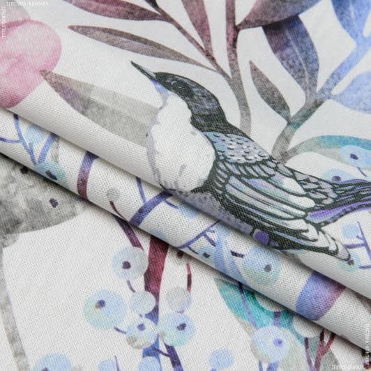 Ткани для декора - Декоративная ткань Птичий мир синий,розовый, фон молочный