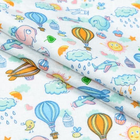 Ткани для сорочек и пижам - Фланель белоземельная детская слоны/воздушные шары