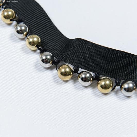 Ткани для одежды - Репсова лента с бусинами цвет черный, золото серебро 25 мм