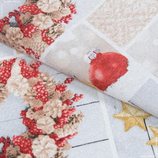 Ткани для декора - Новогодняя ткань лонета Коллаж игрушки, свечи , фон серый