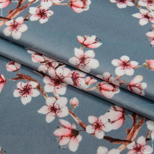 Ткани для мебели - Декоративный велюр принт Сакура цвет серый