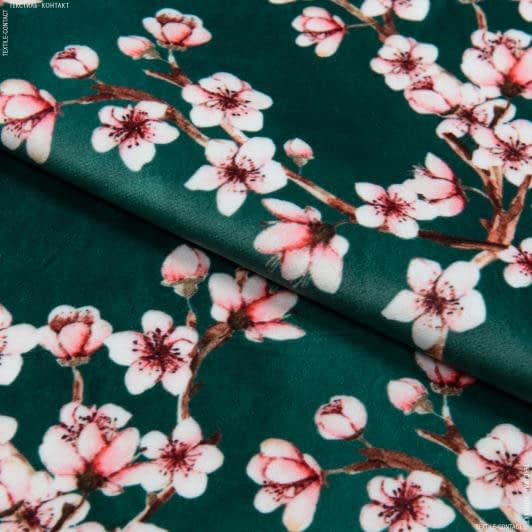 Ткани для мебели - Декоративный велюр принт Сакура цвет изумруд