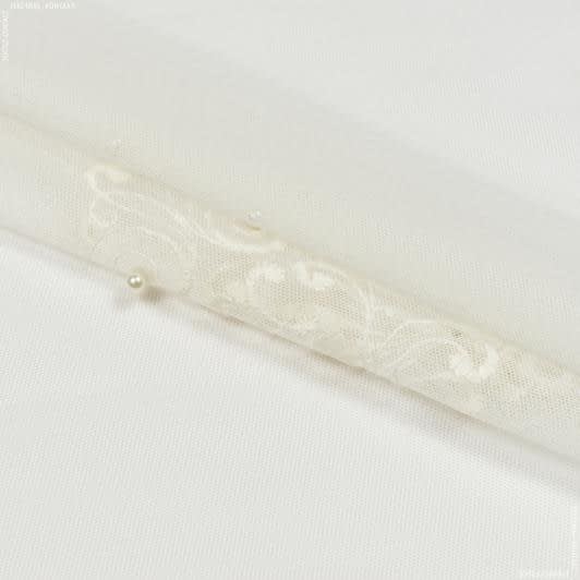 Ткани свадебная ткань - Тюль вышивка Жемчужинка вензель молочний (фестон)