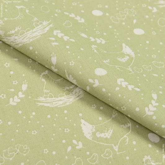 Ткани для столового белья - Полупанама ТКЧ набивная куры цвет светло зеленый