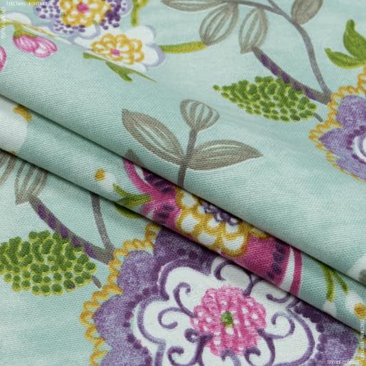 Ткани для декора - Декоративная ткань панама Хеви цветы,фон лазурь