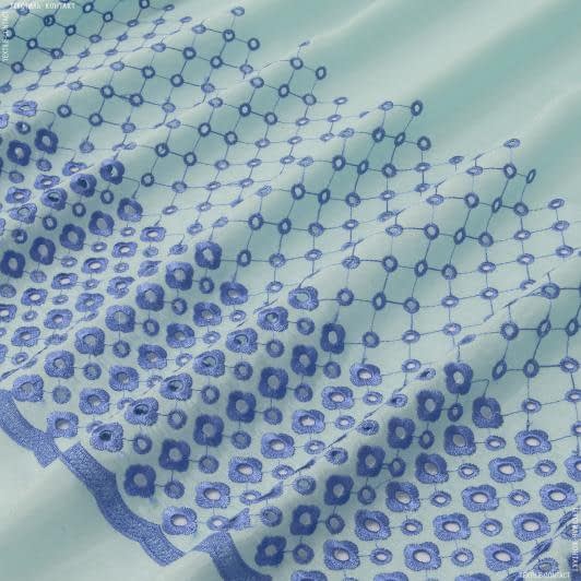 Тканини для суконь - Батист-блиск купон вишивка блакитним на м'ятному