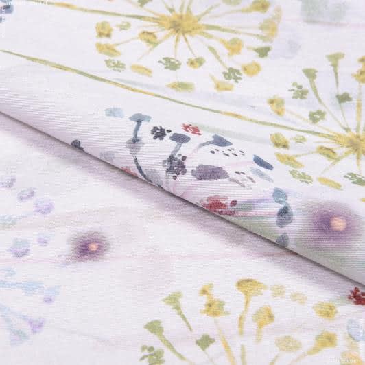 Тканини для декору - Декоративна тканина лонета Кульбаба лавандові фон сіро-білий