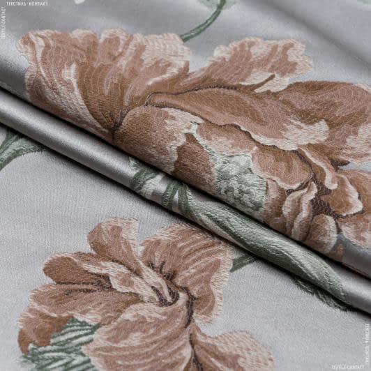 Ткани жаккард - Декоративная ткань Палми цветы т.бежевые, голубые фон серый