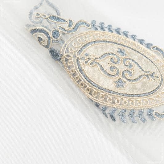 Ткани для декора - Тюль вышивка Фемида молочный, голубой с блеском с фестоном
