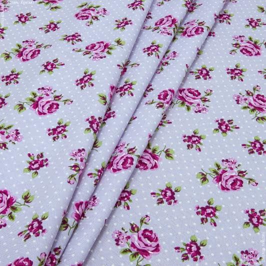 Ткани для скрапбукинга - Декоративная ткань лонета Кемайл розочки розовые, фон мальва