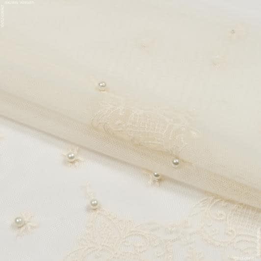 Ткани для декора - Тюль вышивка Жемчужинка вензель мелкий молочный(купон)