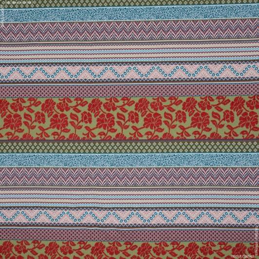Тканини портьєрні тканини - Жакард Віслі орнамент зелена оливка, червоний, голубий