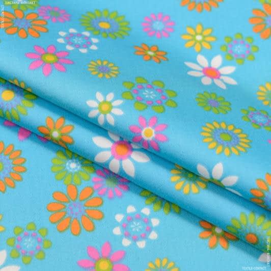 Ткани для декора - Декоративная ткань сатен Цветочки фон голубой