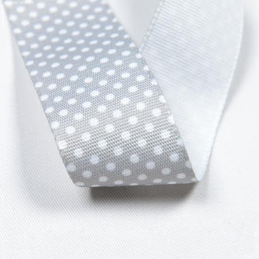 Ткани фурнитура для декора - Репсовая лента Тера горох мелкий белый, фон серый 34 мм