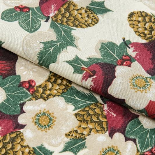 Ткани для скрапбукинга - Новогодняя ткань лонета Рождественник фон бежевый
