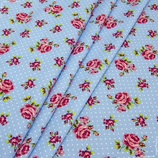 Ткани для скрапбукинга - Декоративная ткань лонета Кемайл розочки розовый, фон голубой