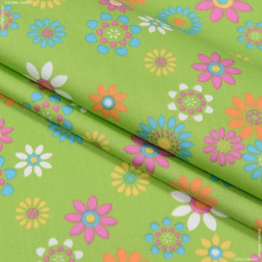 Ткани портьерные ткани - Декоративная ткань сатен Цветочки фон салатовый