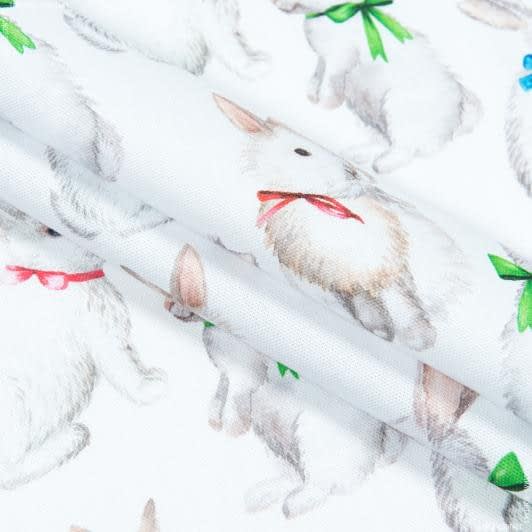 Ткани все ткани - Декоративная ткань Пасхальный зайка с бантом фон белый