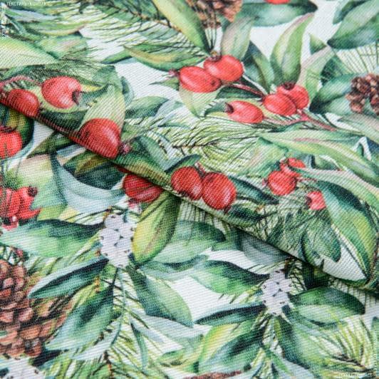 Ткани для декора - Новогодняя ткань лонета Шиповник омела зеленый