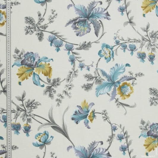 Ткани для римских штор - Декоративная ткань Джинна цветы бирюза, карамель