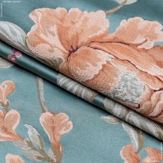 Ткани жаккард - Декоративная ткань Палми цветы оранжевые, розовые фон бирюза