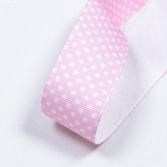 Ткани фурнитура для декора - Репсовая лента Тера горох мелкий белый, фон розовый 34 мм