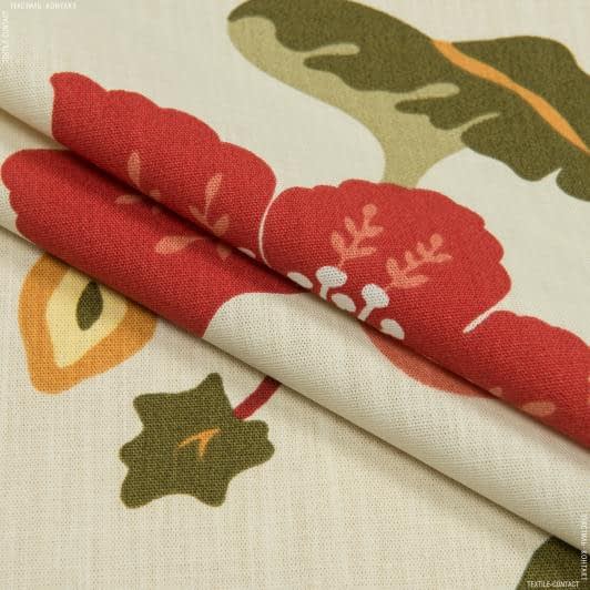 Ткани для римских штор - Декоративная ткань Камилла цветы красный, фон крем