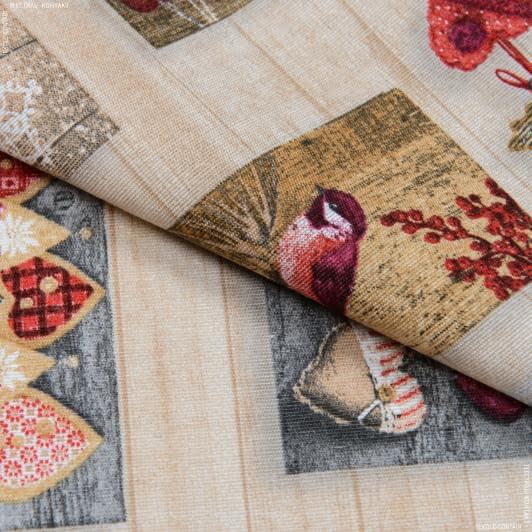 Тканини для скрапбукінга - Новорічна тканина лонета Листівки фон бежевий