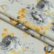 Ткани портьерные ткани - Декоративная ткань панама Акил цветы серый, желтый фон св.бежевый