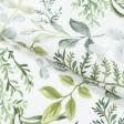 Ткани для римских штор - Декоративная ткань лонета Листья зеленый,фон белый