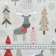 Ткани для декора - Новогодняя ткань лонета Олени серый, красный