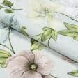 Тканини для рукоділля - Декоративна тканина лонета Гібіскус сірий фон бірюза