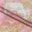Ткани все ткани - Декоративная ткань лонета Карта мира розовый