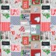 Ткани для декора - Новогодняя ткань лонета Коллаж открытки, красный, серый