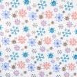 Ткани для скрапбукинга - Новогодняя ткань лонета Снежинки большие голубой, бордовый фон молочный