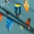 Ткани horeca - Дралон принт Синд /SUND перья цветные фон серо-голубой