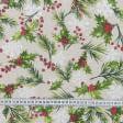 Ткани для скрапбукинга - Новогодняя ткань лонета ягоды, веточки, фон бежевый