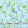 Ткани для юбок - Лен костюмный принт листья салатовый/голубой