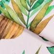 Ткани для декора - Декоративная ткань лонета Монстера зеленый фон розовый