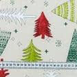 Ткани для декора - Новогодняя ткань лонета Елочки фон бежевый