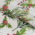 Ткани для скрапбукинга - Новогодняя ткань лонета ягоды, веточки, фон бежевый